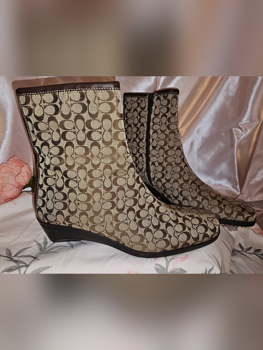 Vintage Coach Jeri Mini Logo Monogram Jacquard Wedge Ankle Boots Brown